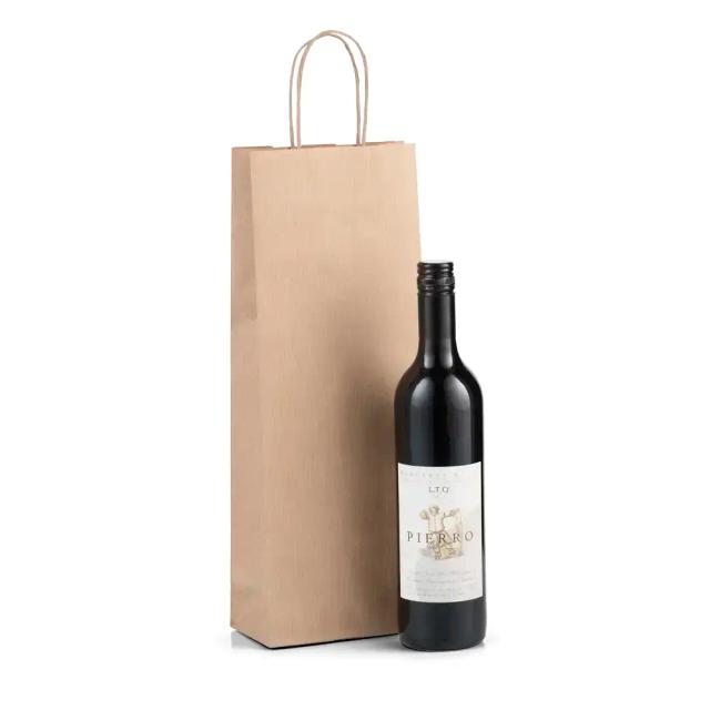 Premium Papiertragetaschen mit Kordelgriffen für eine Weinflasche braun