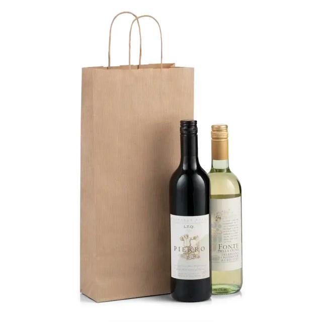 Premium Papiertragetaschen mit Kordelgriffen für zwei Weinflaschen braun
